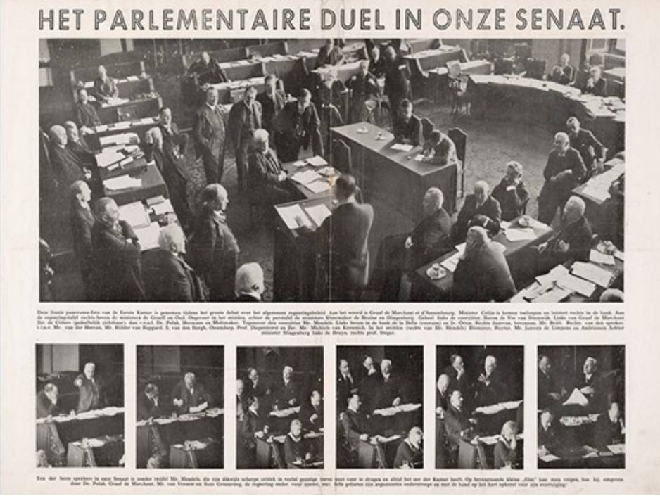 Op deze foto zien we op de rug de eerste NSB’er in de Eerste Kamer, Graaf Marchant d’Ensembourg. Dit Eerste Kamerlid herinnerde zich later over dit moment dat een front van partijen met veel interrupties en hoongelach tegenover hem stond. Dit gevoel van isolement is in Salomons foto overtuigend vastgelegd. Onder aan deze afbeelding wordt een gedreven parlementariër getoond, de socialist Maup Mendels, die vol vuur zijn boodschap uitdraagt. Hij komt met de hand op het hart op voor zijn overtuiging. Salomon heeft een aantal beelden achter elkaar geplakt waardoor een filmisch effect ontstaat - wat de dynamiek van het moment nog eens benadrukt. Foto Erich Salomon, in: Het Leven. Geïllustreerd, 29 feb. 1938.